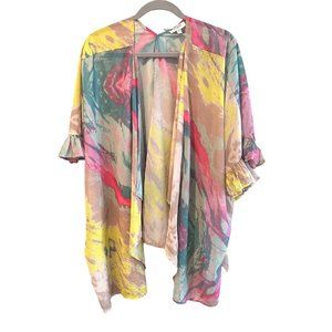 UMGEE Geometric Pink Side Slit Flutter Sleeve Cover Up Top Women S/M Open Front